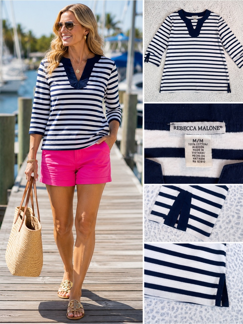 Rebecca Malone Navy & White Striped Nautical Tunic Top Med 100% Cotton